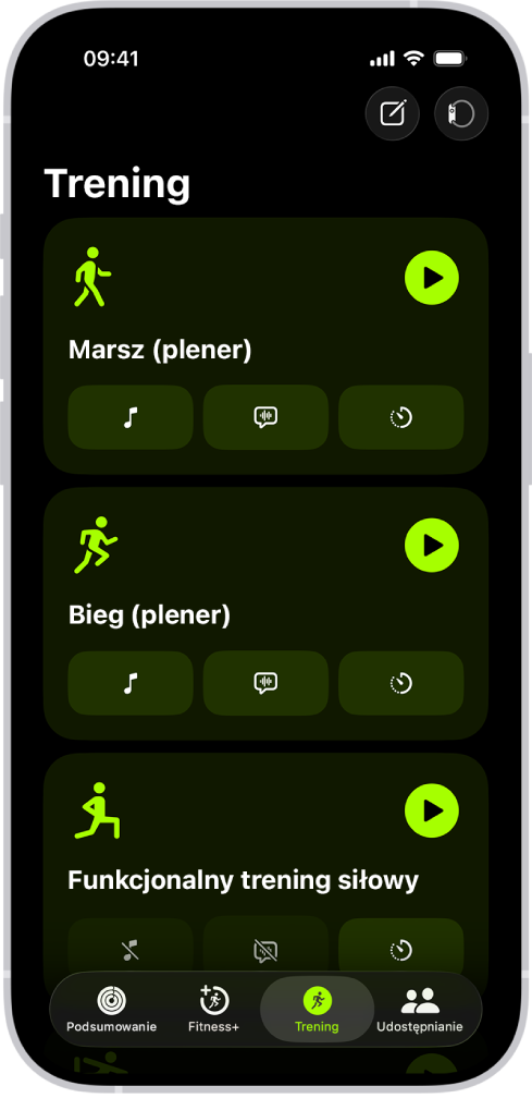 Ekran treningu w aplikacji Fitness pokazujący trzy typy treningów. Przyciski umożliwiające rejestrowanie ćwiczeń i podłączenie monitora tętna są u góry ekranu.