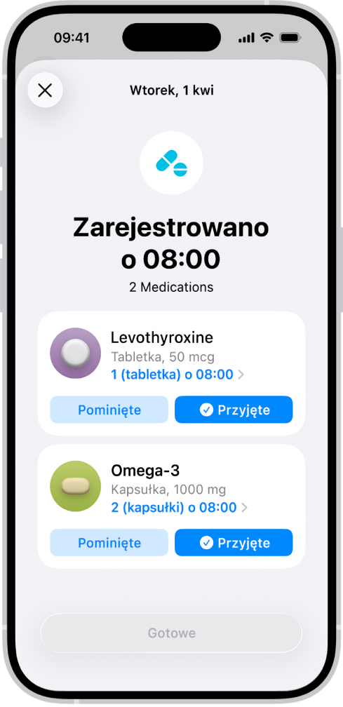 Ekran Leki w aplikacji Zdrowie, zawierający dziennik przyjmowania leków.