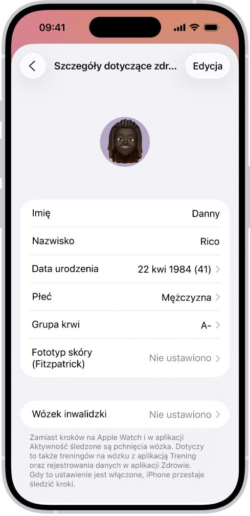 Ekran szczegółów dotyczących zdrowia. Widoczne są pola z imieniem i nazwiskiem, datą urodzenia, grupą krwi oraz innymi informacjami.