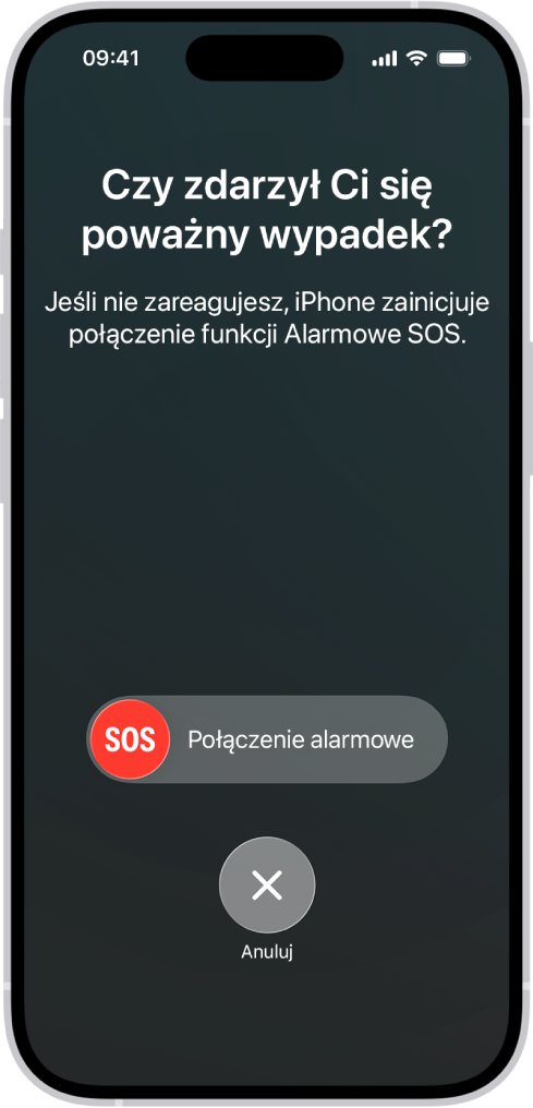 Ekran funkcji Wykrywanie wypadków. Widoczne jest pytanie, czy zdarzył Ci się poważny wypadek. Poniżej znajduje się suwak Połączenie alarmowe i przycisk Anuluj.