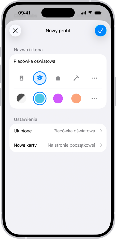 Ekran iPhone’a wyświetlający konfigurację nowego profilu. Widoczne są opcje zmiany ikony, koloru, folderu zakładek oraz strony otwieranej na nowych kartach.