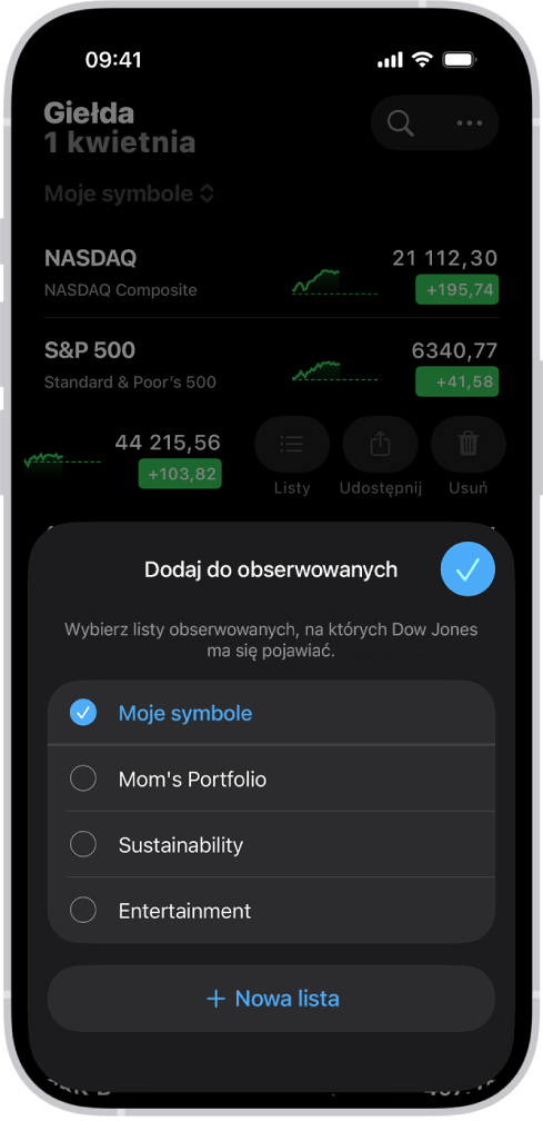 Lista własnych list obserwowanych w aplikacji Giełda: Moje symbole, Portfolio mamy, Zrównoważony rozwój oraz Rozrywka.