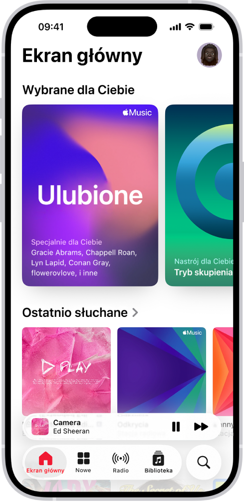 Karta Ekran główny w aplikacji Muzyka z widoczną u góry ekranu etykietą Najlepsze. Możesz przesuwać palcem w lewo lub w prawo, aby wyświetlać więcej muzyki wybranej specjalnie dla Ciebie. Poniżej wyświetlana jest etykieta ostatnio słuchane.