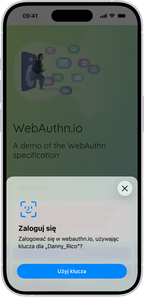 Dolna połowa ekranu iPhone’a z opcją użycia klucza do zalogowania się w witrynie.
