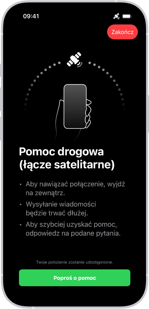 Ekran funkcji proszenia o pomoc drogową przez łącze satelitarne. Na dole ekranu znajduje się przycisk z etykietą Poproś o pomoc.