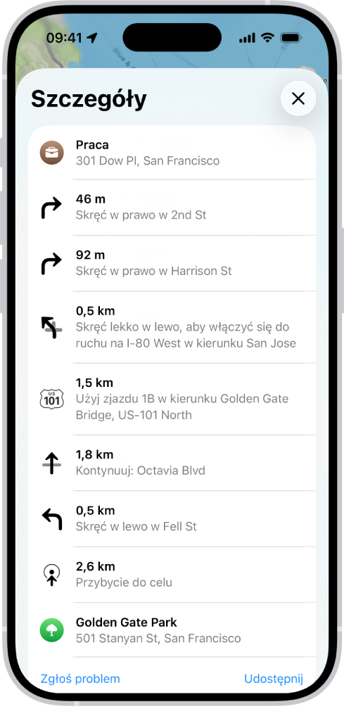 Trasa wyświetlana w postaci listy wskazówek.