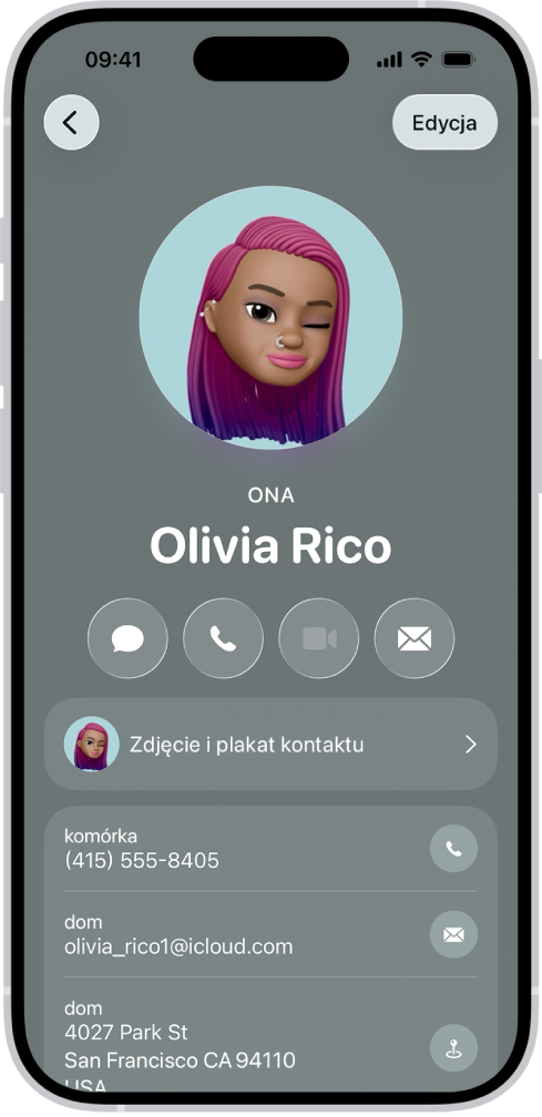 Zdjęcie kontaktu Oliwia Ryszka, poniżej widoczne są zaimki ona, jej. Poniżej znajdują się przyciski umożliwiające wysłanie wiadomości, nawiązanie połączenia, wysłanie wiadomości email oraz użycie Apple Pay. Na dole ekranu znajduje się numer telefonu kontaktu oraz adres email.