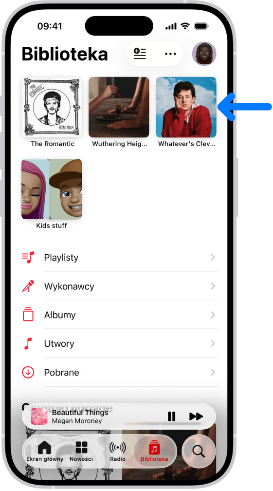 Karta Biblioteka ze strzałką wskazującą przypięte rzeczy u góry, w tym utwór, album oraz playlistę.