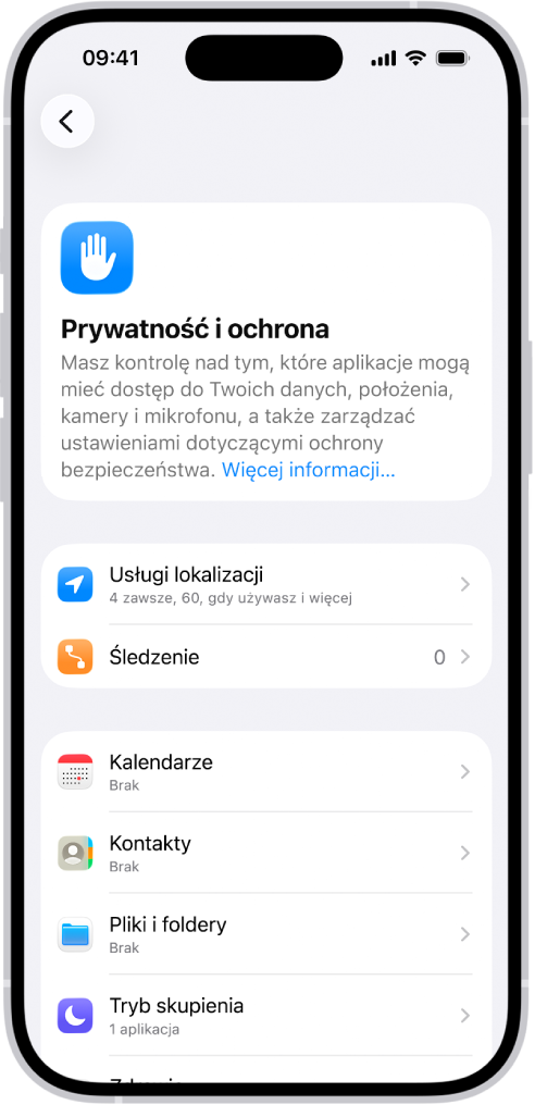 Ekran Prywatność i ochrona w Ustawieniach.