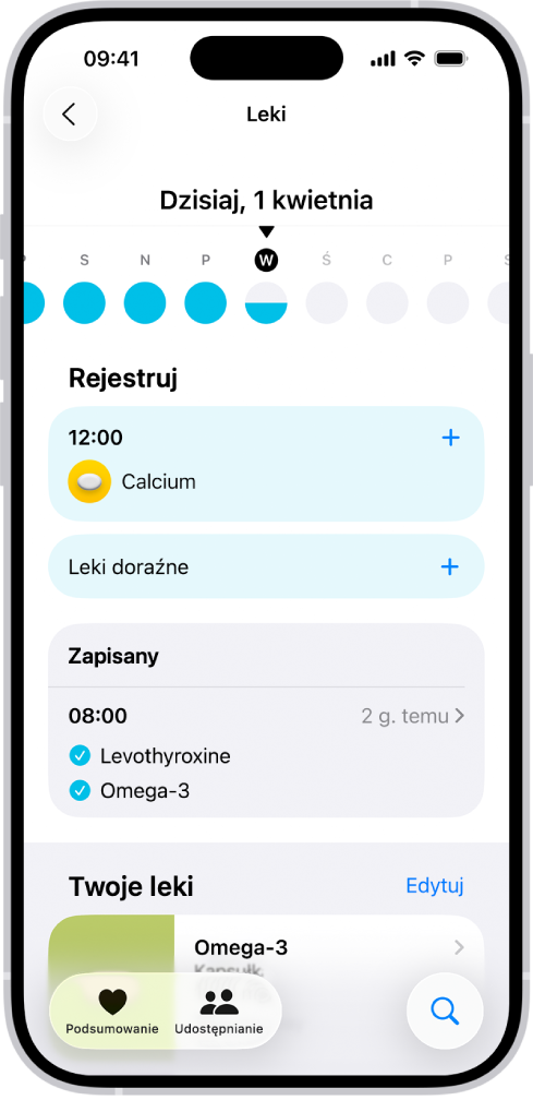 Ekran Leki w aplikacji Zdrowie, zawierający datę oraz dziennik przyjmowania leków.