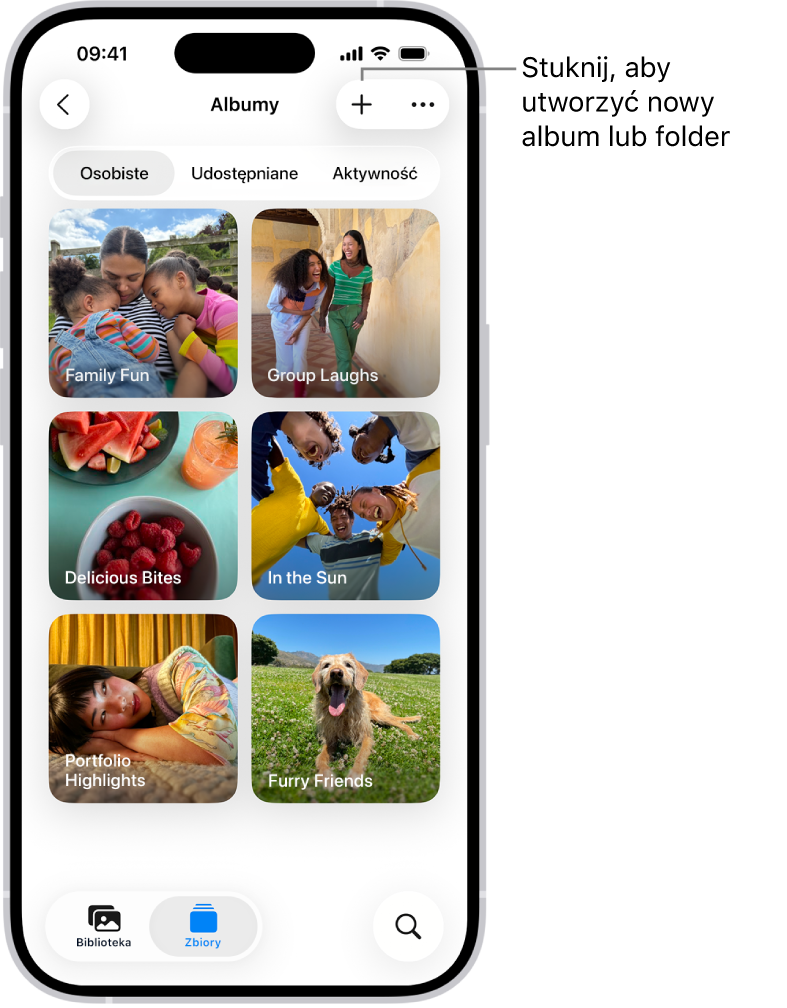 Zbiór Albumy w aplikacji Zdjęcia. Na ekranie widoczna jest siatka albumów. Na górze ekranu umieszczone są następujące przyciski, od lewej do prawej: Wróć, Nowy album oraz Więcej. Poniżej znajdują się przyciski Osobiste, Udostępniane oraz Aktywność. Na dole ekranu umieszczone są następujące przyciski, od lewej do prawej: Biblioteka, Zbiory oraz Szukaj.