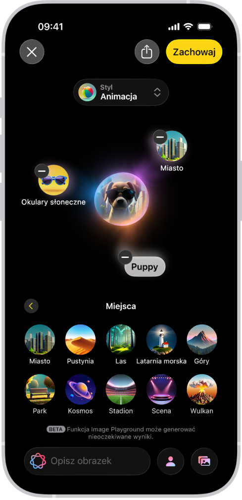 Okno aplikacji Image Playground z wygenerowanym obrazkiem przedstawiającym psa w okularach przeciwsłonecznych.