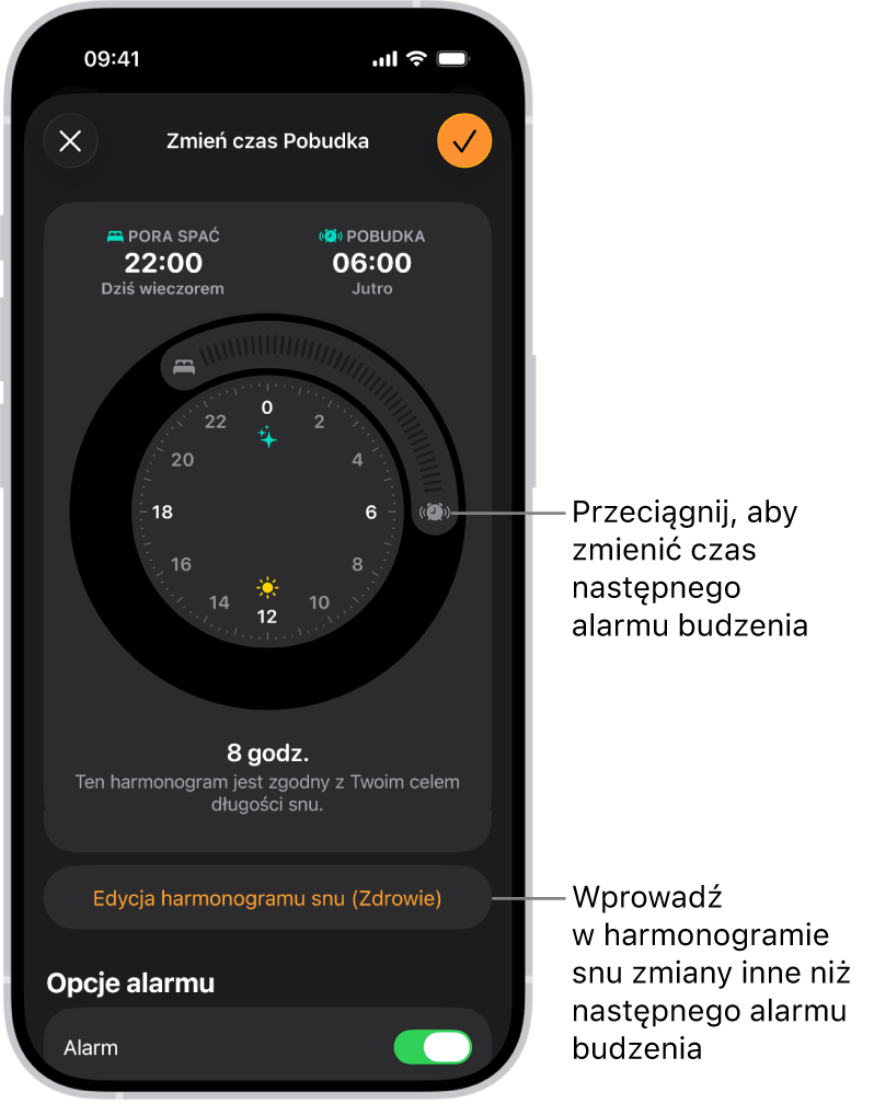 Ekran zmiany czasu następnej pobudki. Położenie przycisku Budzik, alarm włączony ustawia czas pobudki.