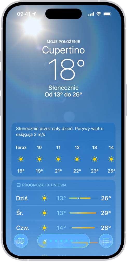 Aplikacja Pogoda, wyświetlająca od góry na dół: miejsce, bieżącą temperaturę, najwyższą i najniższą temperaturę w bieżącym dniu, prognozę godzinową oraz pierwszych kilka dni prognozy dziesięciodniowej. Szereg kropek na środku dolnej części ekranu reprezentuje inne miejsca dodane do listy. W prawym dolnym rogu widoczny jest przycisk Lista miejsc. W lewym dolnym rogu widoczny jest przycisk Pokaż mapę.