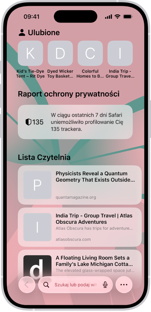 Strona początkowa w Safari. Widoczne są na niej ulubione witryny, raport ochrony prywatności oraz witryny zachowane na liście Czytelnia.