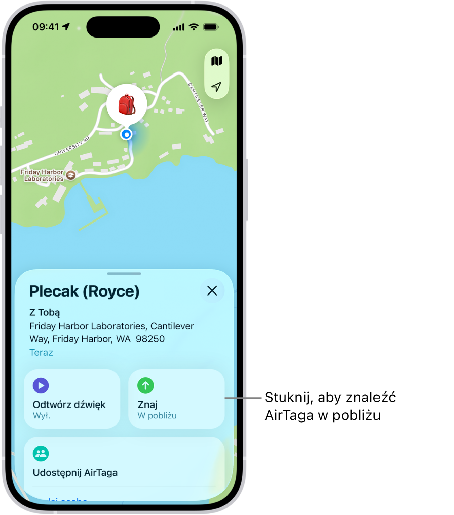 Aplikacja Znajdź wyświetlająca położenie kluczy użytkownika. Można stuknąć w przycisk Znajdź, aby znaleźć AirTag znajdujący się w pobliżu.