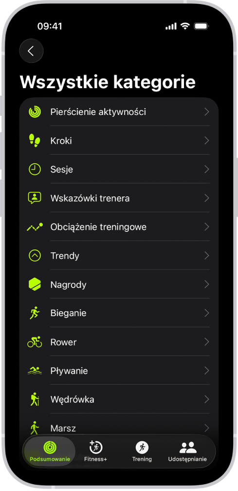 Ekran aplikacji Fitness wyświetlający listę kategorii fitnessowych.