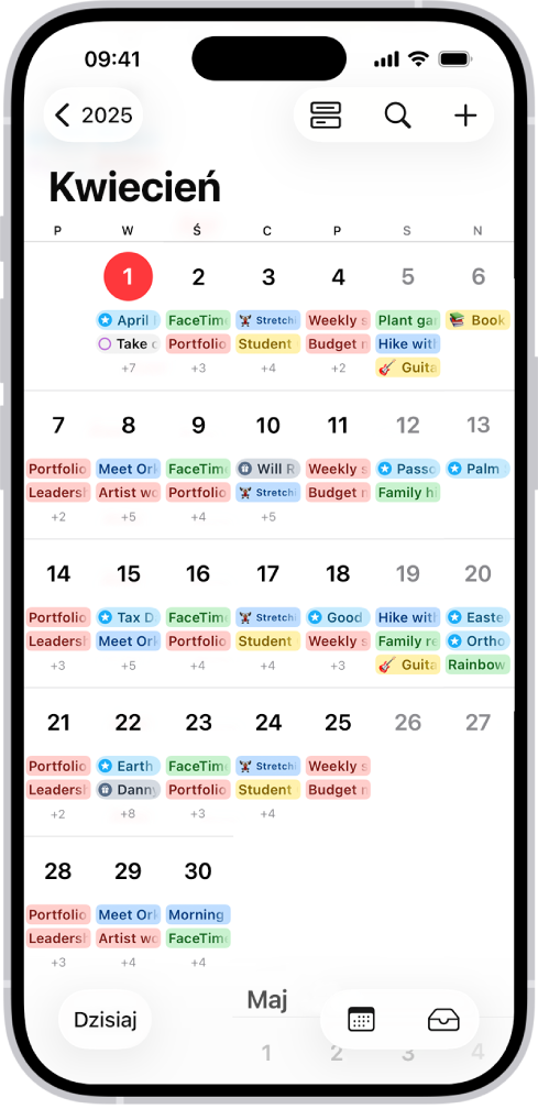Kalendarz w widoku miesiąca, wyświetlający wydarzenia i przypomnienia.