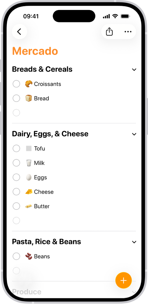 App Lembretes, mostrando uma lista de compras com itens em categorias, como Legumes e Frutos do Mar.