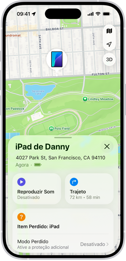 Tela do app Buscar, mostrando a localização de um iPad em um mapa, na parte superior da tela.