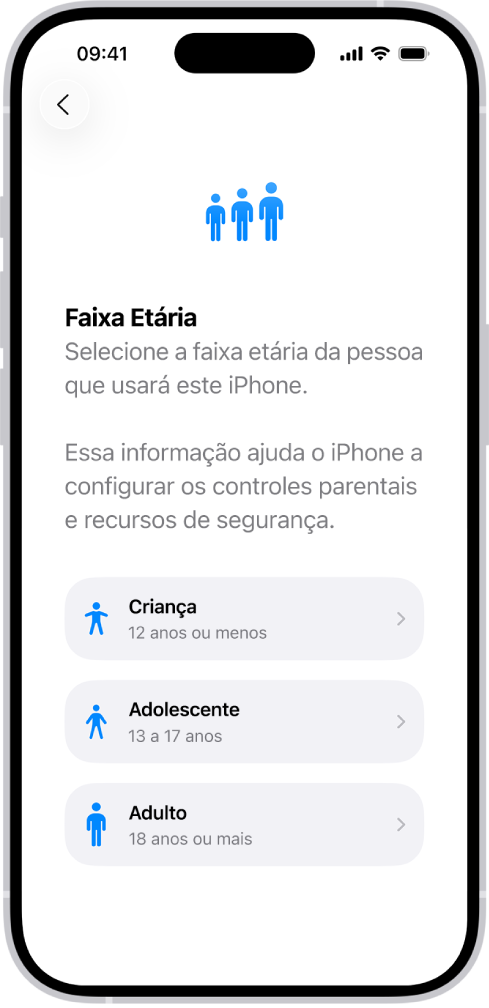 Tela de configuração de Faixa Etária. Três faixas etárias aparecem na lista: Criança (12 anos ou menos), Adolescente (13 a 17) e Adulto (maior de 18 anos).