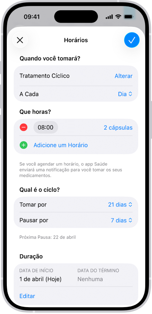 Tela Medicamentos no app Saúde mostrando opções para alterar o horário de um medicamento.