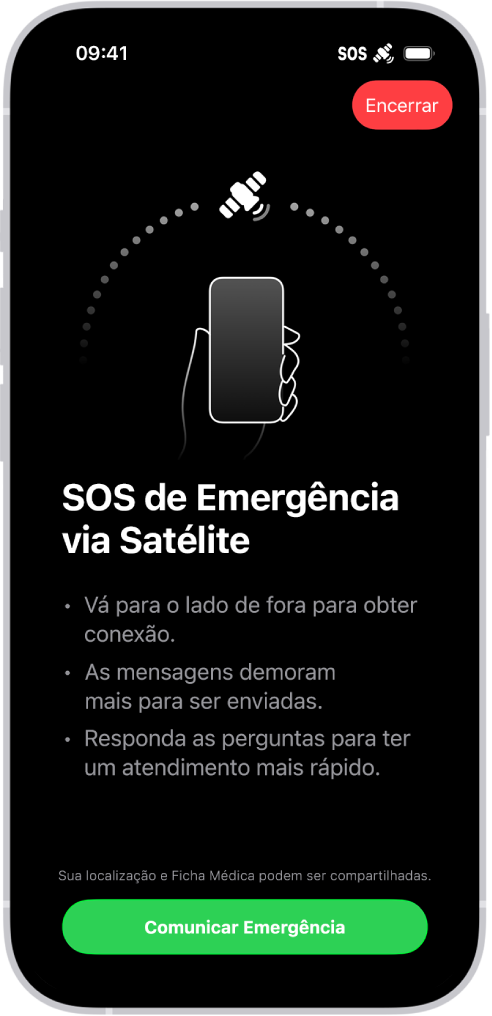 A tela do SOS de Emergência mostrando que o telefone está conectado e instruindo o usuário a permanecer apontando para o satélite. O botão Comunicar Emergência está na parte inferior da tela.