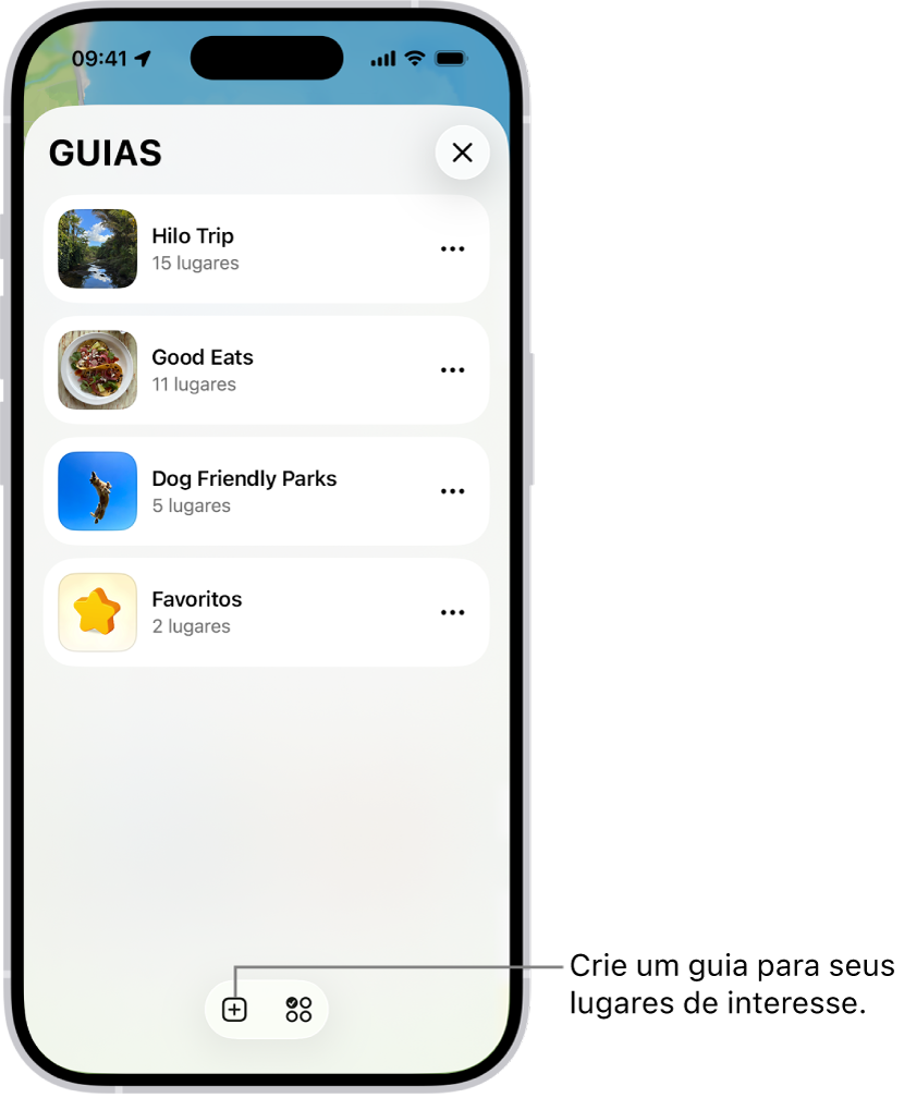 Uma lista de vários guias personalizados no app Mapas, incluindo uma categoria Favoritos e o botão Novo Guia abaixo à direita.