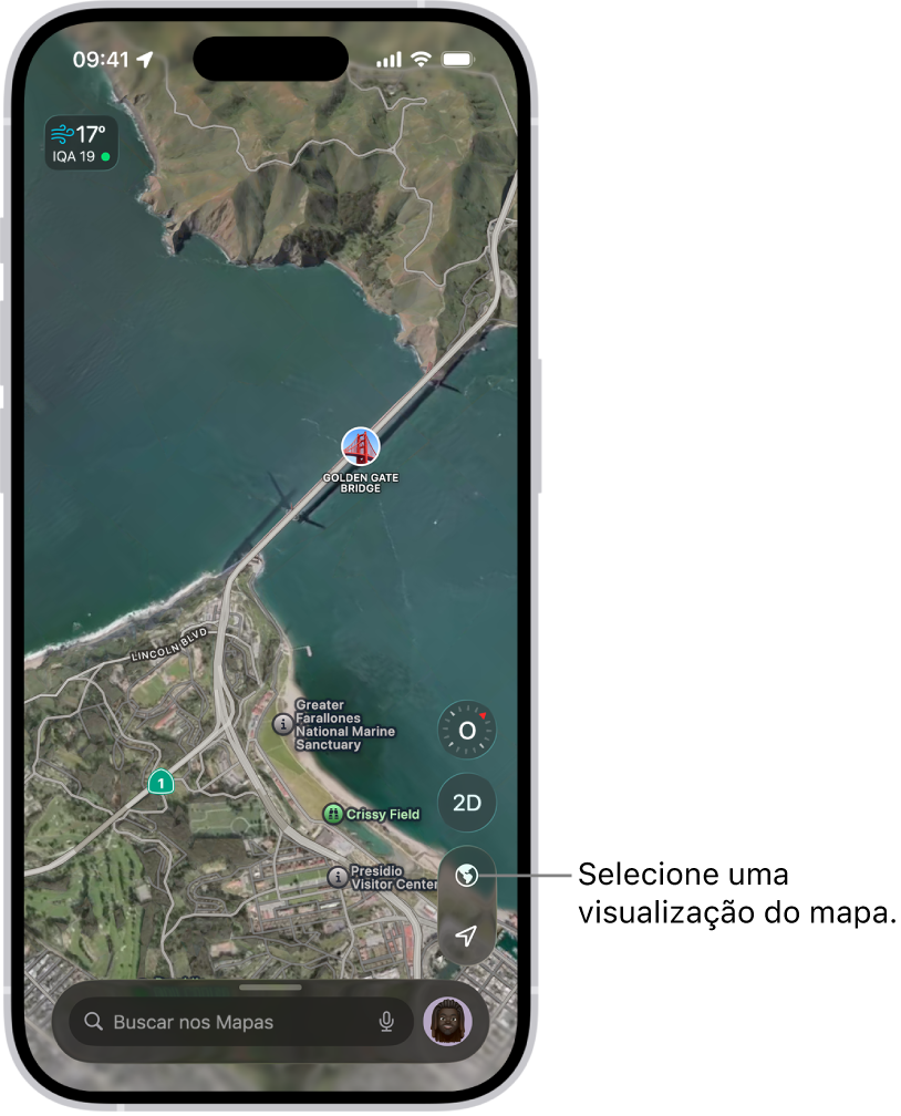 Um mapa 3D de rua e parque mostrando árvores, pontos de interesse e localizações, como banheiros.