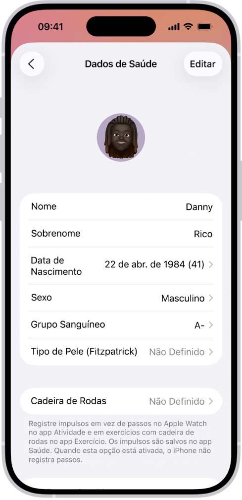 A tela Detalhes de Saúde, que inclui campos para nome, data de nascimento, tipo sanguíneo e outras informações.
