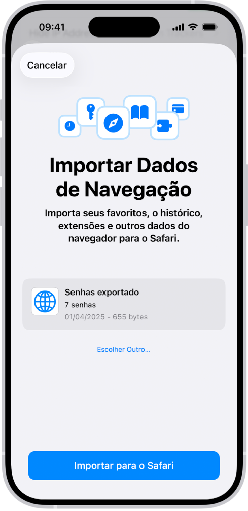 Tela Importar Dados de Navegação, mostrando o arquivo CSV com as senhas de outro gerenciador de senhas para importação.