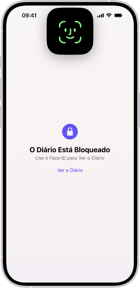 Uma tela que solicita o uso do Face ID para desbloquear o diário.