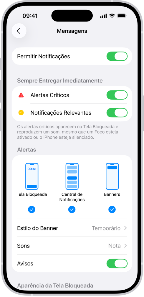 Ajustes de Notificações do app Mensagens nos Ajustes.
