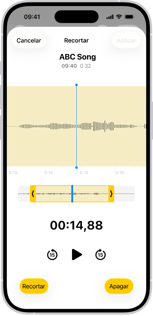 Uma gravação sendo editada, com os puxadores de recorte amarelos delimitando um trecho da forma de onda do áudio na parte inferior da tela. O botão Reproduzir e um timer de gravação aparecem abaixo da forma de onda. Os puxadores de recorte estão abaixo do botão Reproduzir. Dos lados do botão Reproduzir, o botão Recortar (para apagar a parte da gravação fora dos puxadores) e o botão Apagar (para apagar a parte da gravação dentro dos puxadores).