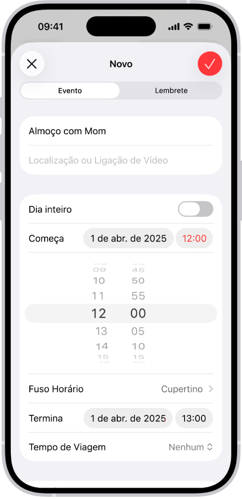 Um evento do calendário mostrando os ajustes de hora e fuso horário do evento.