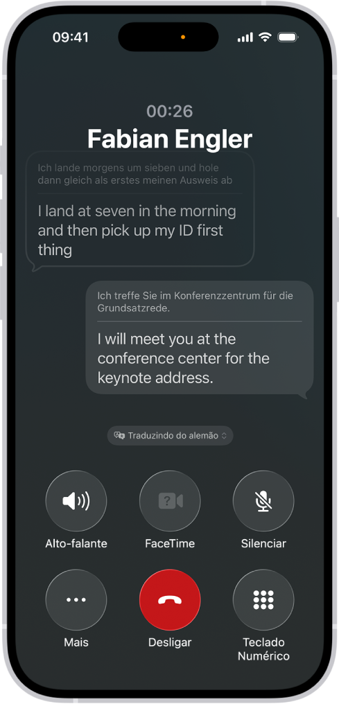Uma ligação no app Telefone mostrando uma conversa traduzida de alemão para inglês.