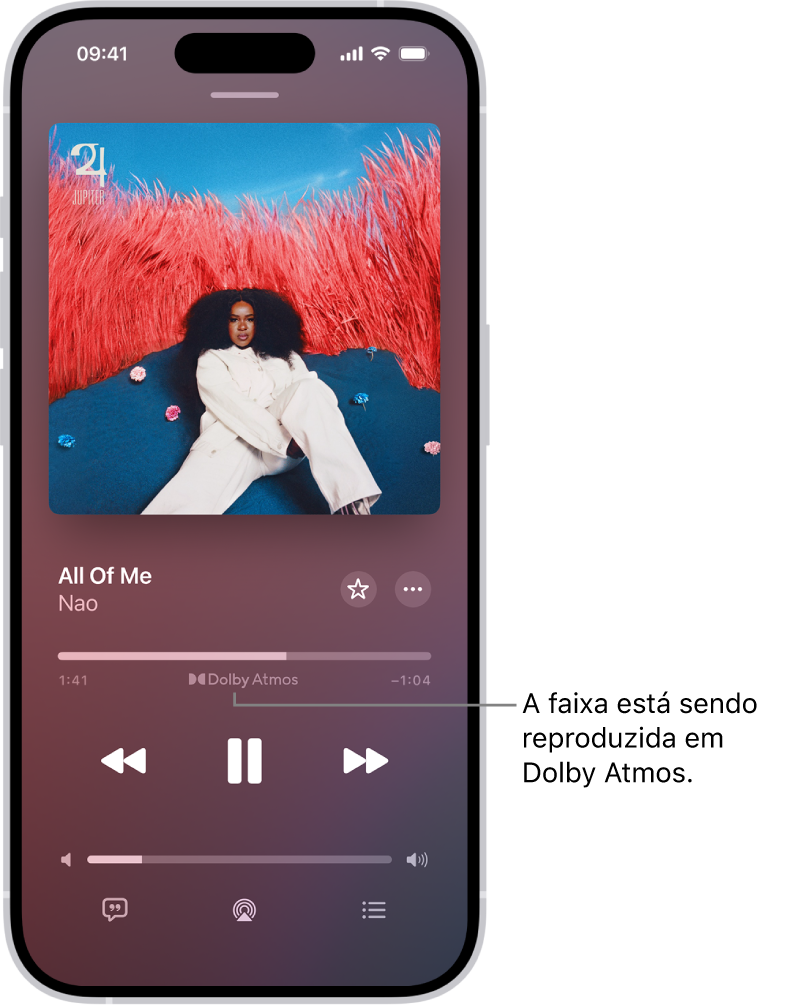 Tela Reproduzindo mostrando o ícone de Dolby Atmos para a faixa que está sendo reproduzida.