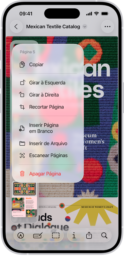 Um catálogo em PDF com miniaturas à esquerda. A última miniatura é destacada e, acima dela, há um menu com as opções Copiar, Girar à Esquerda, Girar à Direita, Recortar Página, Inserir Página em Branco, Inserir de Arquivo, Escanear Páginas e Apagar Página.