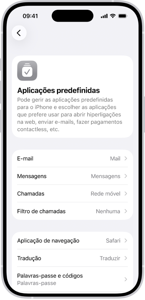 O ecrã para alterar as aplicações predefinidas para enviar e‑mails, navegar na web, etc.