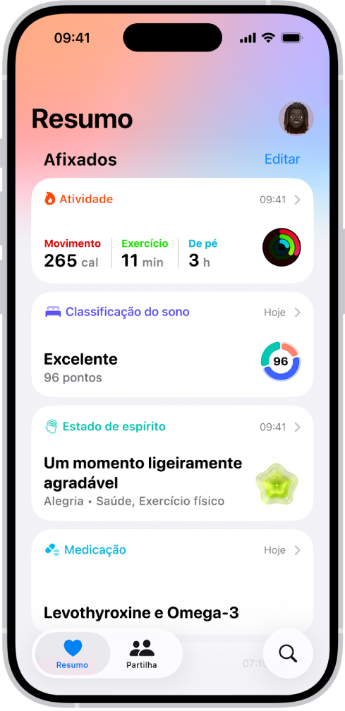 O ecrã Resumo na aplicação Saúde. A informação acerca da atividade, classificação do sono, estado de espírito e medicamentos aparece sob Afixados.