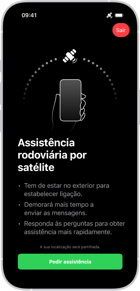 O ecrã Assistência rodoviária por satélite. O botão Pedir assistência está na parte inferior do ecrã.