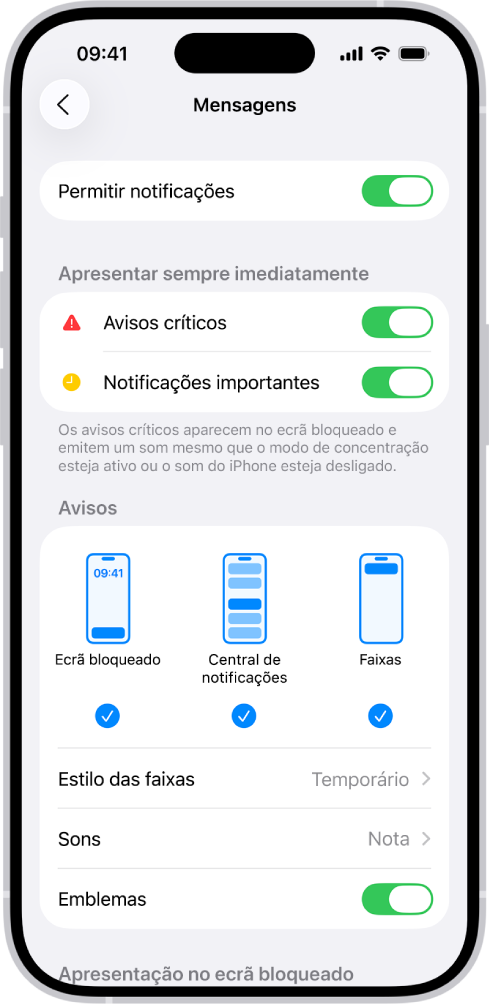 Definições de notificação da aplicação Mensagens nas Definições.