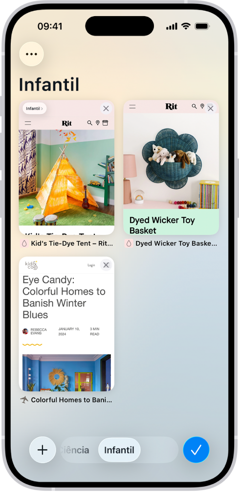 No ecrã, há pré‑visualizações de três separadores abertos num grupo de separadores denominado Crianças.