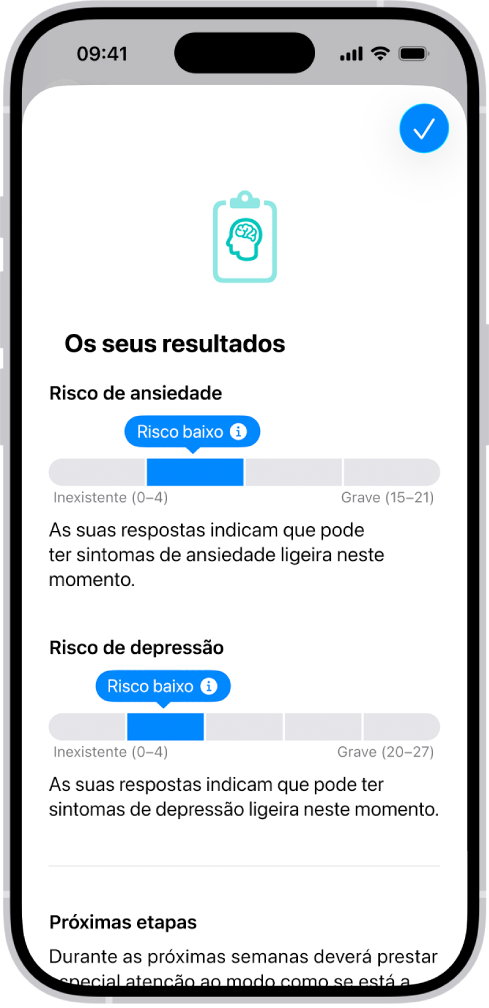 Um ecrã na aplicação Saúde que mostra os resultados de um questionário de saúde mental.
