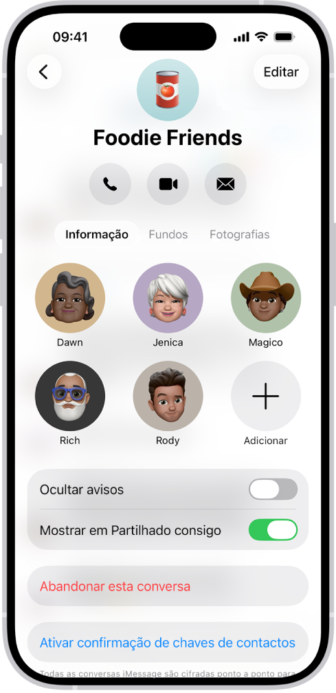 Detalhes da conversa para um grupo.
