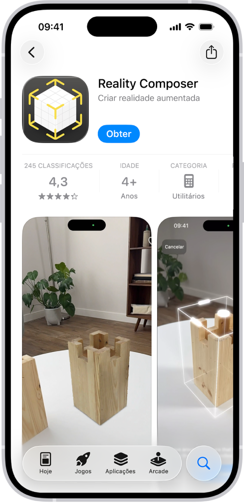 A página informativa de uma aplicação na App Store. A página mostra o botão “Obter”, as classificações, a faixa etária, o programador, as capturas de ecrã, etc. Na parte inferior do ecrã, da esquerda para a direita, estão os seguintes botões. Hoje, Jogos, Apps, Arcade e Pesquisa