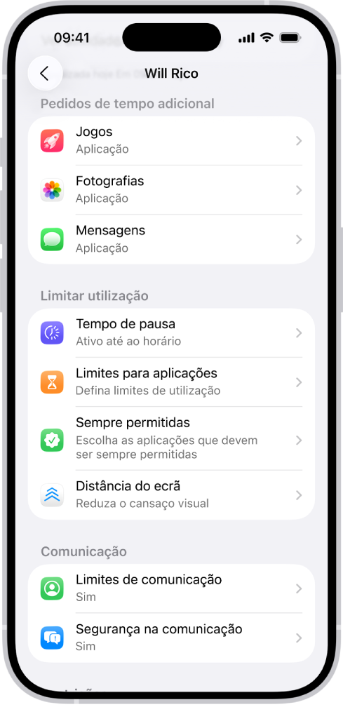 O ecrã de uma criança num grupo de Partilha com a família a mostrar uma secção para pedidos “Pedir mais tempo”.