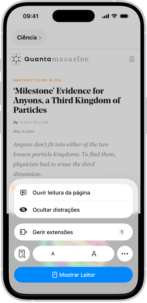 No Safari, foi dado um toque no botão “Menu Página” num site e são reveladas opções, incluindo “Ocultar distrações”.