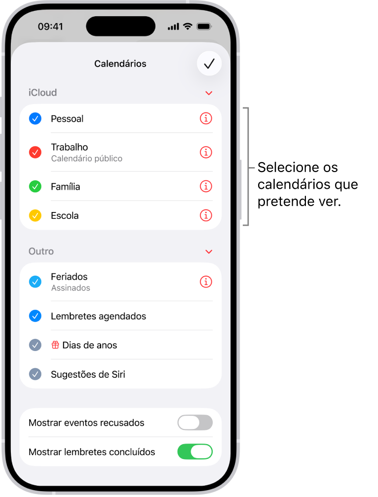 A lista de calendários com vistos, indicando os calendários ativos. No canto superior direito está o botão OK para fechar a lista.