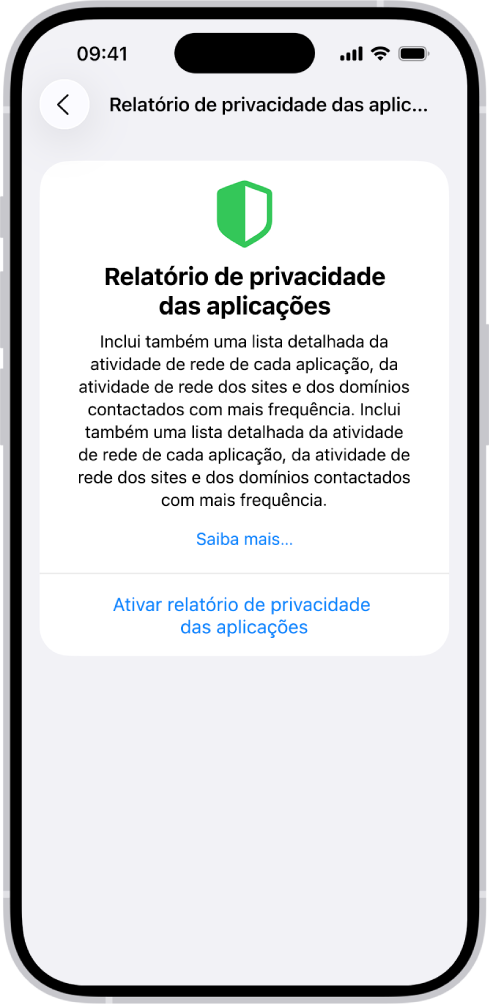 Um relatório de privacidade das aplicações, com informação relativa a aplicações na categoria Acesso a dados e sensores, e a aplicações na categoria Atividade de rede das aplicações.